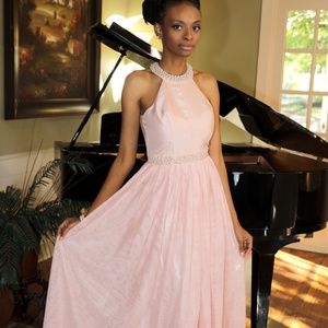 MACYS PINK EVENING GOWN WITH PEARL BEADING